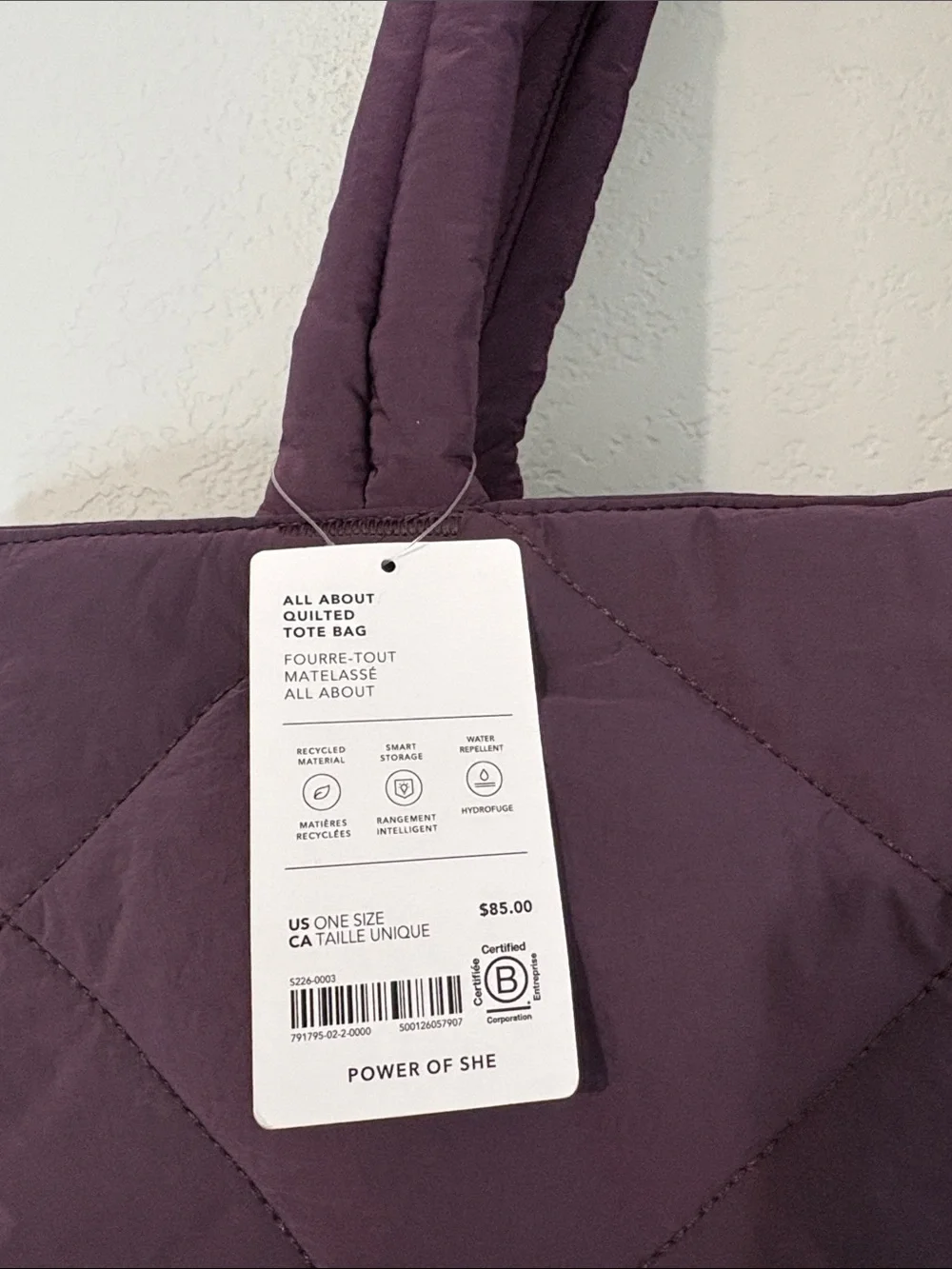 Athleta All About Quilted Tote Bag NWT Purple
